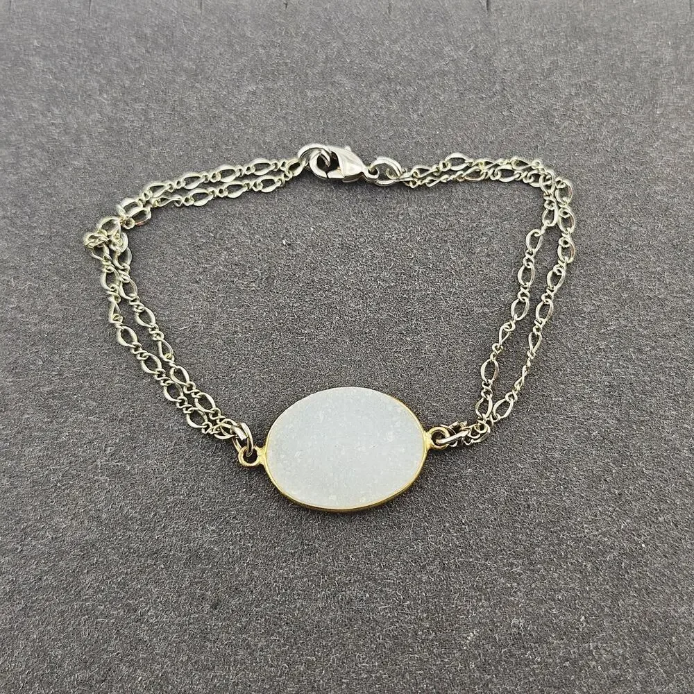 Silver Tone Druzy Stone Center Chain Bracelet Sparkle Boho Whimsical Fairy